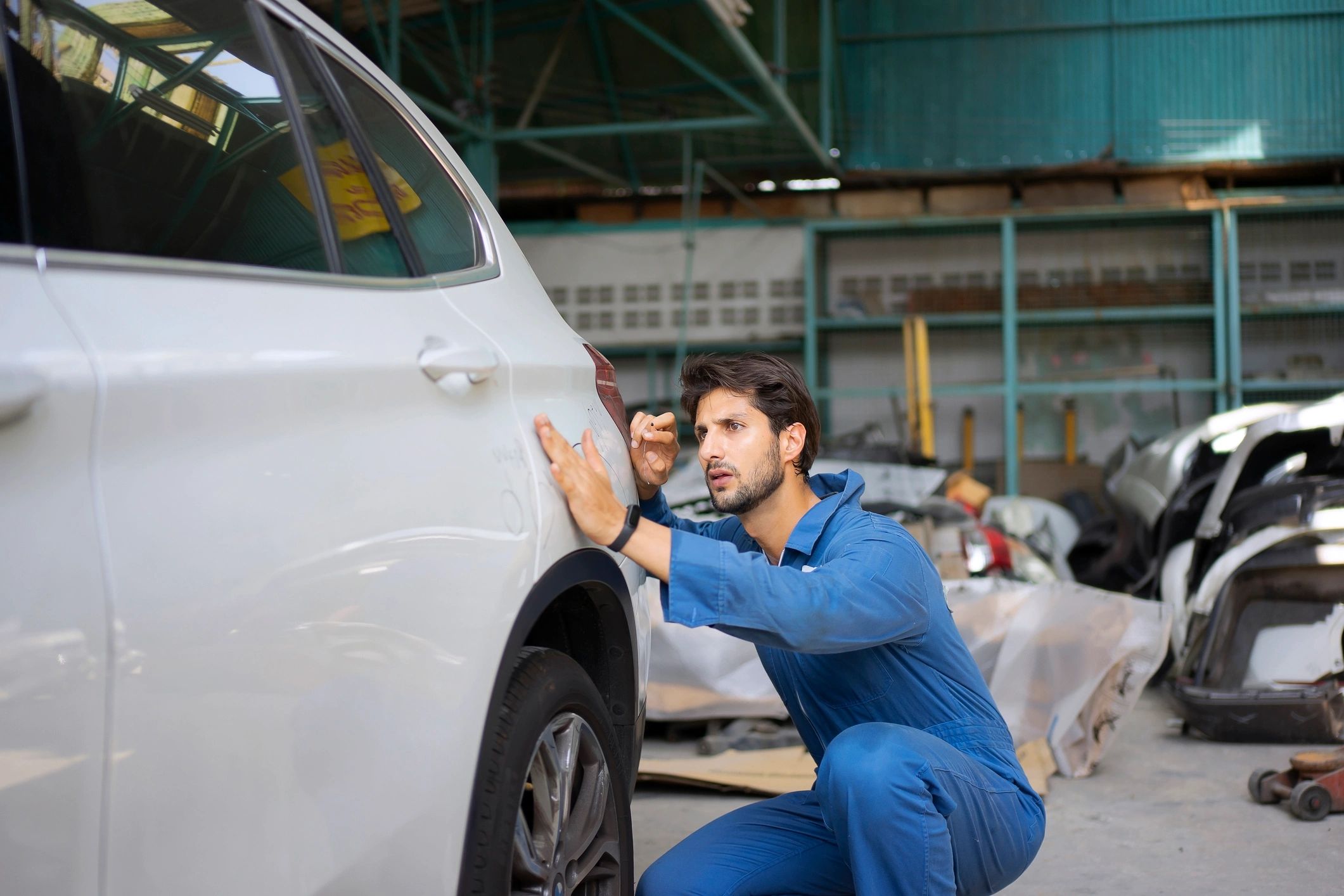 Mechanic inspecting a vehicle in a service bay